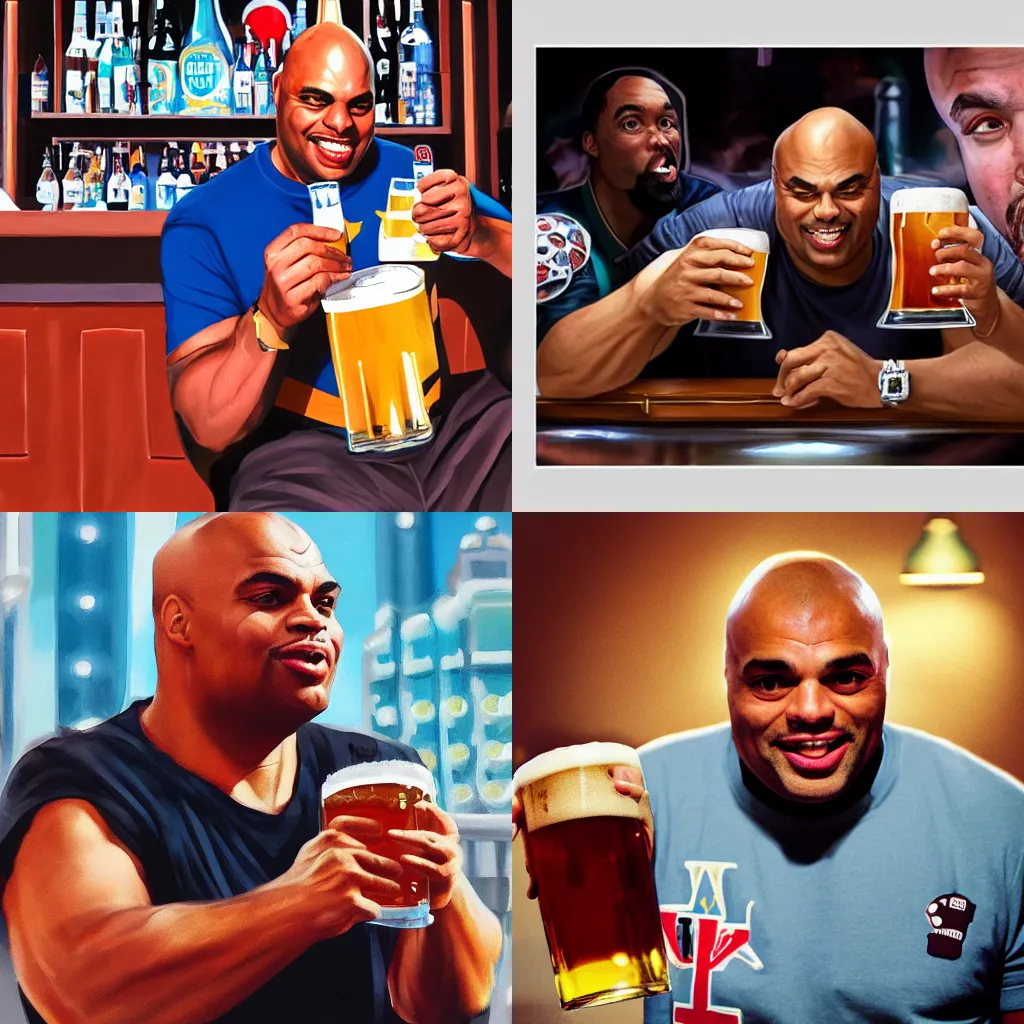 Prompt: Charles Barkley drinking a beer in Las Vegas, trending on artstation