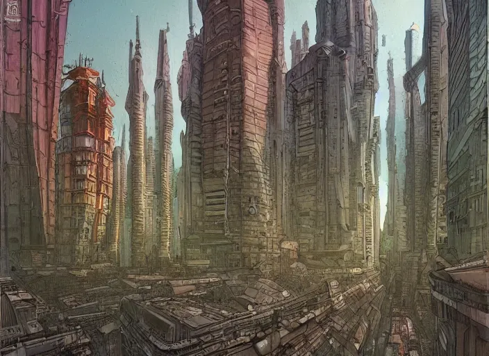 Prompt: close up city street view on an alien planet by moebius, earth and pastel colors, architecture by gaudi, mutant inhabitatnts by enki bilal, dramatic perspective, very coherent, trending on artstation