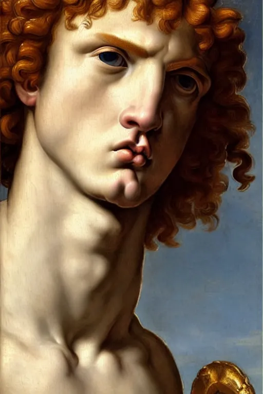 Image similar to renaissance painting of beautiful redhead man, curly hair, pleading face, tears dripping from the eyes, emotions closeup, dressed in roman armour, ultra detailed, made in bronze, art by Guido Reni style, Vincenzo Catena style