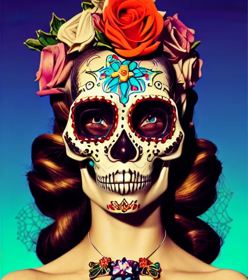 Prompt: a gorgeous fancy skull lady by dan mumford and gil elvgren, highly detailed, sugar skull, hyperrealism, intricate details, exceptional beauty, fool, pixel art, voxel, attractive, striking, lovely