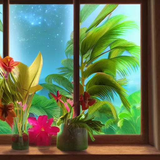 Prompt: a window full of tropical flowers, inside the window you can see the galaxy, trend in artstation, hdr, 8 k