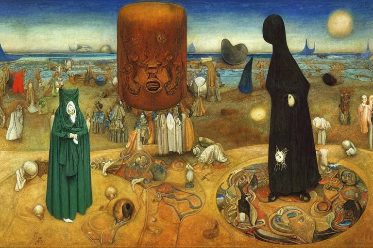 Image similar to the wake of the unseen object,by Leonora Carrington and William Dyce and ford madox brown, symbolist, dramatic lighting, elaborate geometric ornament, cool blue and green colors, Art Brut, smooth, sharp focus, extremely detailed