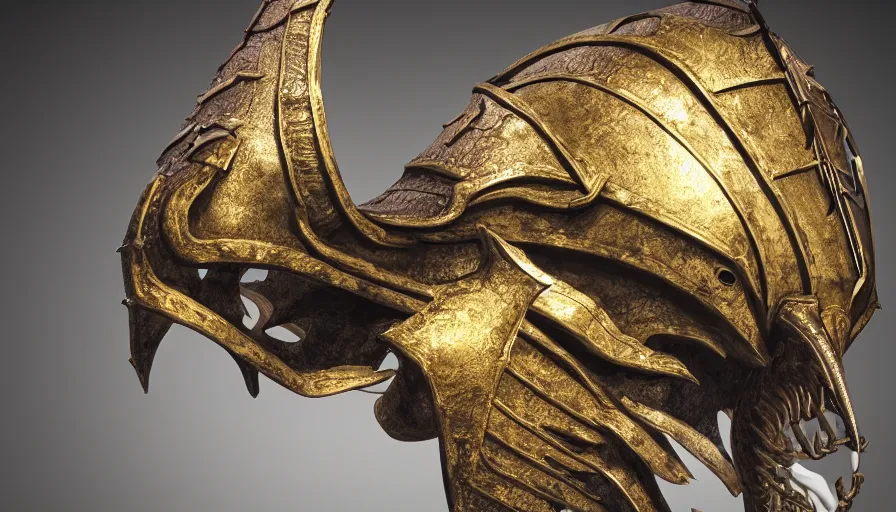 Prompt: viking dragon helmet in a museum, made from gold, photorealistic render