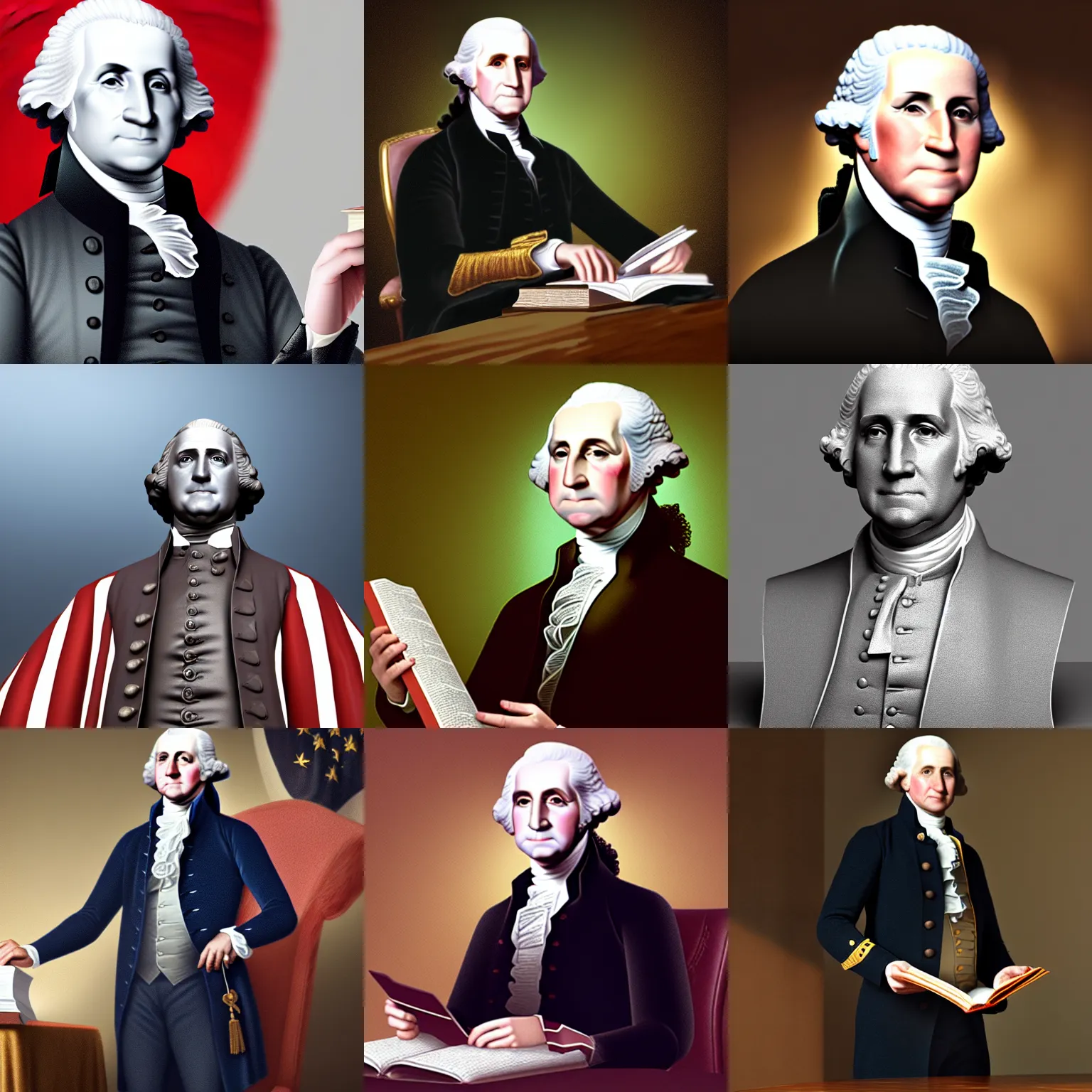 Prompt: close render of george washington with hand on the bible, sworn into office, modern day, modern attire, 2 0 2 2, smiling presidential, inauguration, unreal engine, digital art, octane render, trending on artstation, raytracing