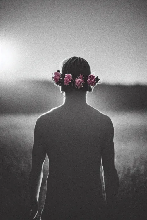 Image similar to agfa vista 4 0 0 photograph of a skinny blonde guy standing in a spotlight in a dark field, flower crown, back view, grain, moody lighting, moody vibe, telephoto, 9 0 s vibe, blurry background, vaporwave colors!, faded!,