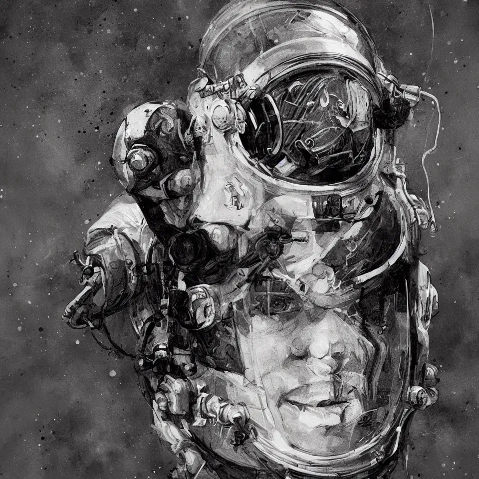 Prompt: album cover, portrait of a astronaut wearing head phones by ben templesmith, cinematic, epic composition, hd, digital painting, digital art, concept art, illustration, comic art, stylized, masterpiece, award - winning