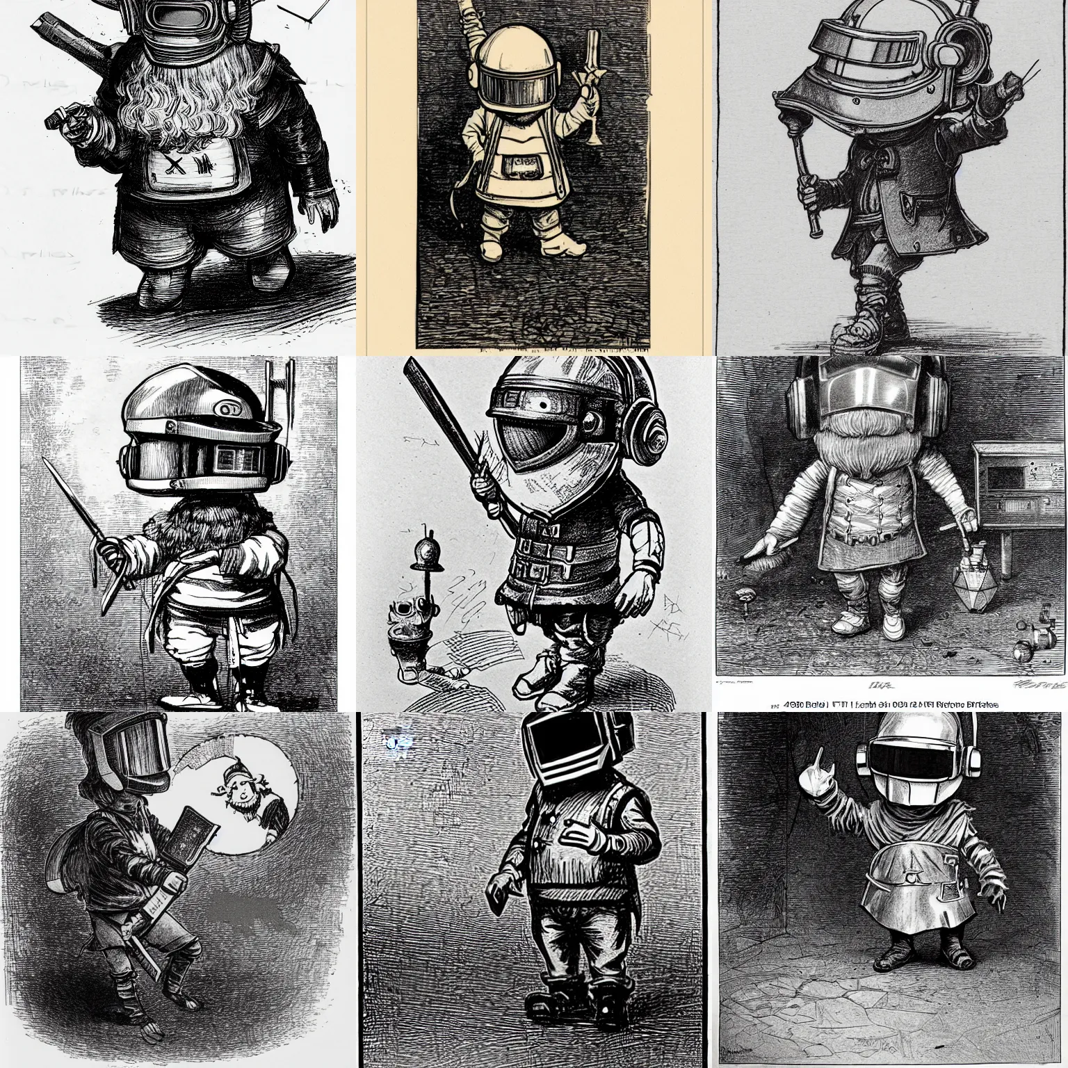 Prompt: sketch of a cute chibi dnd gnome inventor tinkerer wearing a daft punk helmet and walking, etching by louis le breton, 1 8 6 9, 1 2 0 0 dpi scan
