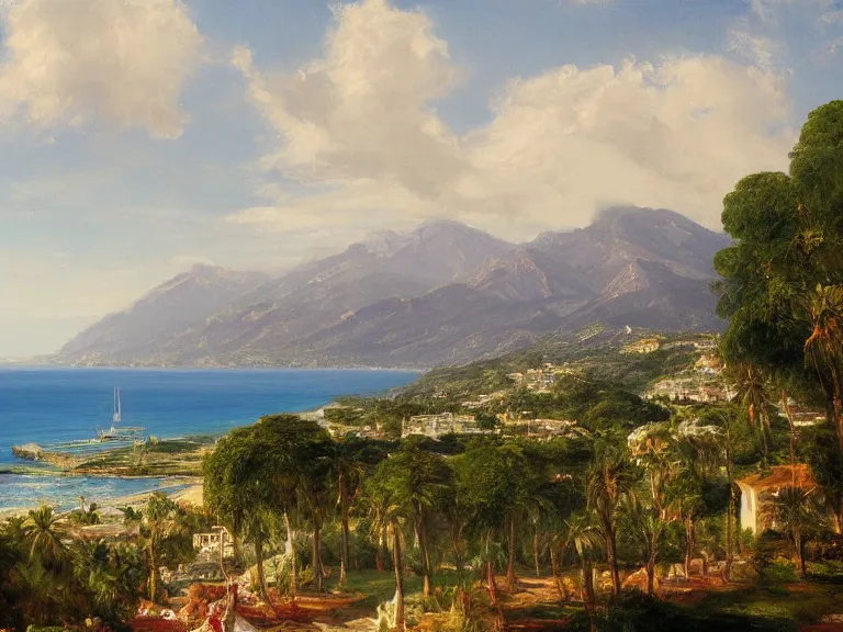 Prompt: detailed painting of marbella landscape, sun coast, small city, beach, mountain in the background, trending on artstation, by thomas cole