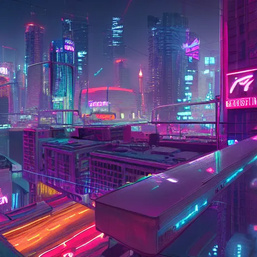 Image similar to Neon cyberpunk cityscape of Toronto with flying cars and advertisement screens, Blender 3D, Unreal Engine, 8k, by Jordan Grimmer and Andrea Pozzo