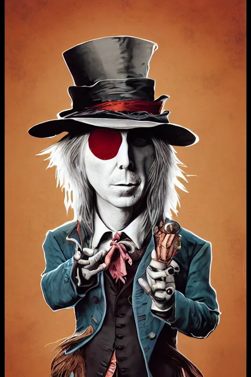 Image similar to tom petty as the mad hatter, contrast, kim jung gi, greg rutkowski, zabrocki, karlkka, jayison devadas, trending on artstation, 8 k, ultra wide angle, zenith view, pincushion lens effect