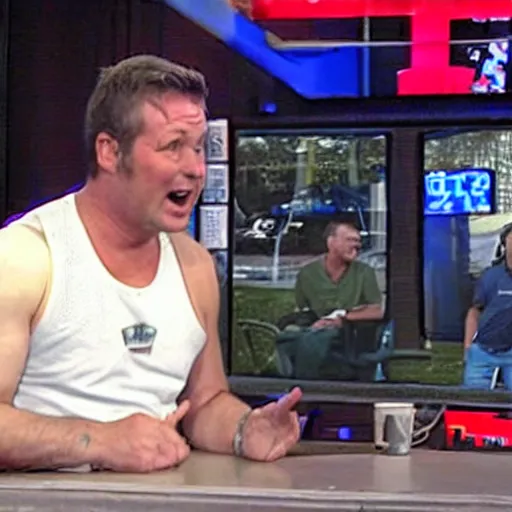 Image similar to the local news sports guy wearing a tattered white tanktop during a live broadcast, visibly drunk