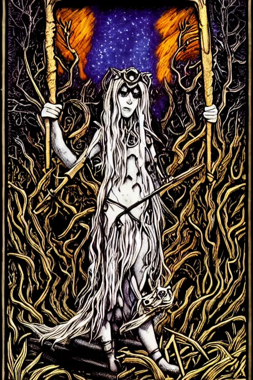 Prompt: dark fantasy, tarot card of the radie peat from the band lankum!!!!!, dark surrealist , fantasy, intricate, elegant, highly detailed, digital painting, artstation, concept art, smooth, sharp focus, illustration, art by Jim Fitzpatrick