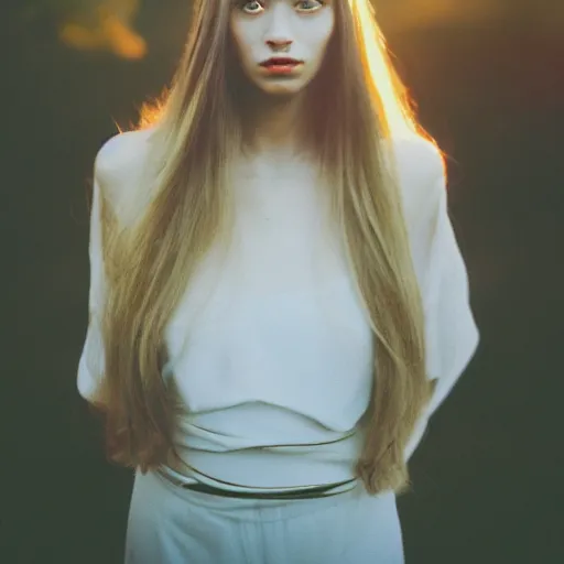 Image similar to a hyper realistic portrait photography of a woman with long hair. agfa vista 4 0 0 film. detailed. depth of field. cinematic. lens flare. grainy film. warm light.