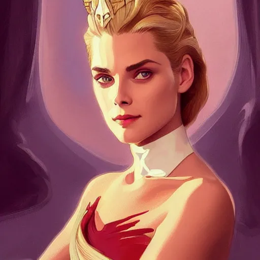 Image similar to A combination of Grace Kelly's and Kristen Stewart's and Ashley Greene's faces as She-Ra, western, D&D, fantasy, intricate, elegant, highly detailed, digital painting, artstation, concept art, matte, sharp focus, illustration, art by Artgerm and Greg Rutkowski and Alphonse Mucha