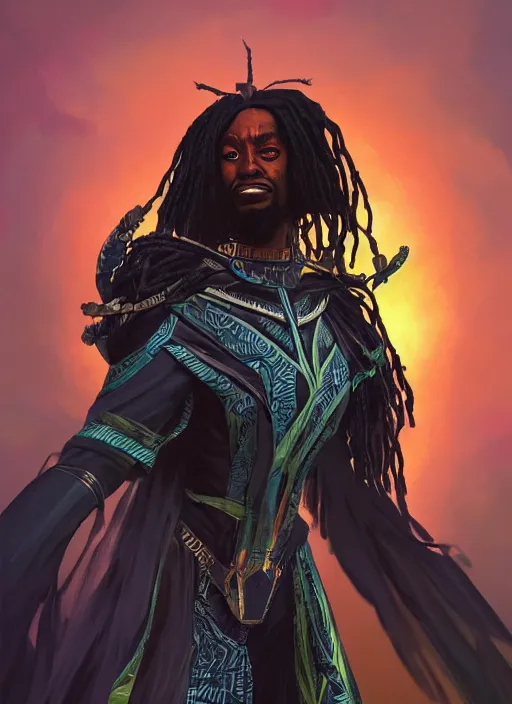 Image similar to highly detailed digital painting of afrofuturistic wakandan scientist biocircuitry voodoo priest, masculine and sinister, artstation, concept art, matte, sharp focus, illustration, dramatic, cinematic sunset, hearthstone, art by artgerm and greg rutkowski and alphonse mucha