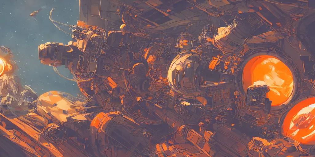 Image similar to Orange amp space station, kim jung gi style, Greg Rutkowski, Zabrocki, Karlkka, Jayison Devadas, trending on Artstation, 8K, ultra wide angle, zenith view, pincushion lens effect