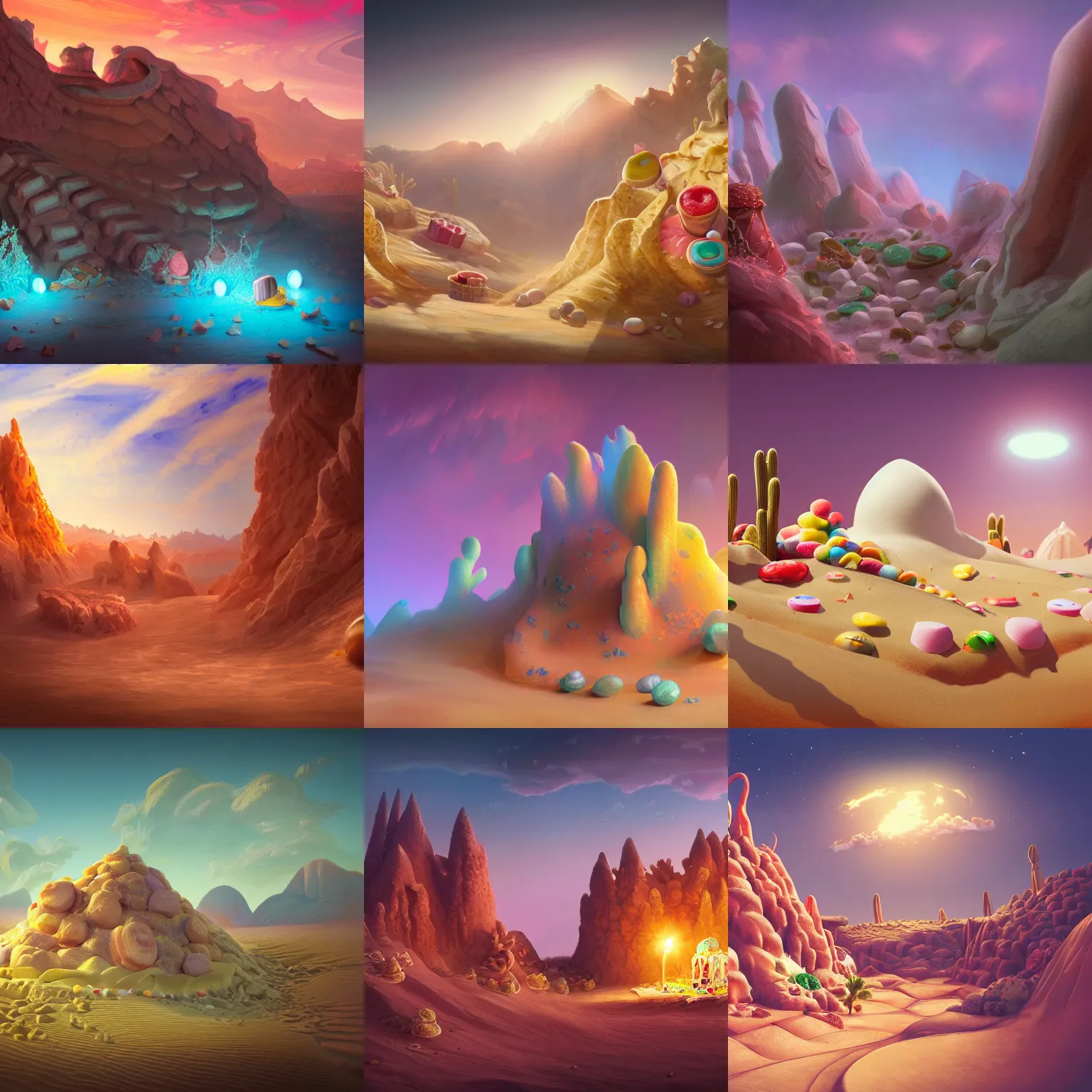 Prompt: desert made from icecream and candies, handsome, intricate, detailed, volumetric lighting, scenery, digital painting, highly detailed, artstation, sharp focus, illustration, concept art, 8 k, no blur, hyper realistic, magic world