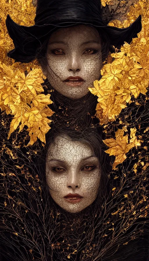 Prompt: black elegant, golden leaves at frame border, creative!!! composition for a book cover!!!, absurdly beautiful, ultrafine hyperrealistic detailed old witch face by wlop and artgerm and greg rutkowski, intricate linework, sharp focus, smooth, octopath traveler, final fantasy, unreal engine, dramatic lighting, ethereal, 8 k