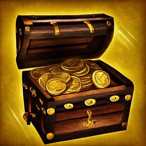 Prompt: a treasure chest full of gold coins and gems, digital art