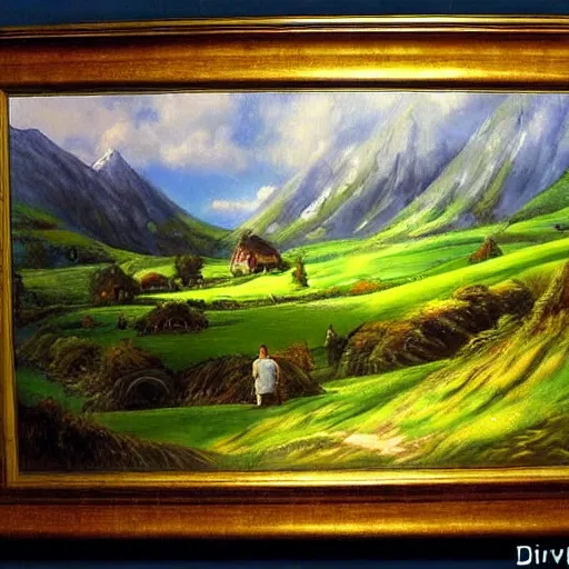 Image similar to the shire from the lord of the rings, by david mann, painting, beautiful