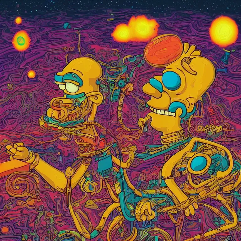 Prompt: A psychedelic painting of Homer Simpson breaking the simulation, digital art by Dan Mumford and Peter Mohrbacher, highly detailed