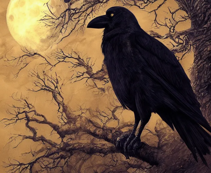 Image similar to a hyper-detailed fantasy wallpaper book cover, close-up portrait of a crow flying above a tree in front of the full big moon; an extraordinary masterpiece!!!; flawless; proud posture; photorealistic eyes; trending on artstation; f/1.4; 90mm