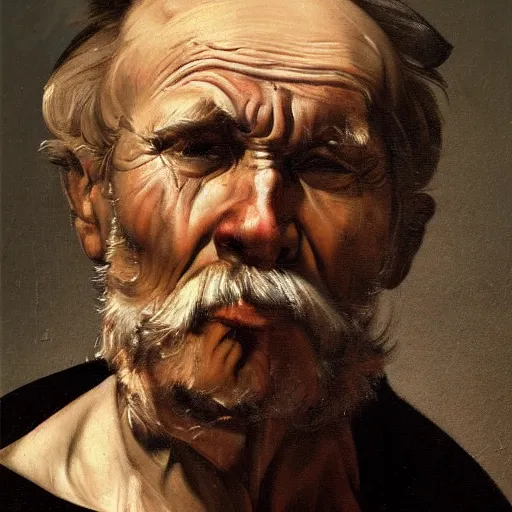 Prompt: detailing character concept portrait of old man by Caravaggio, on simple background, oil painting, middle close up composition