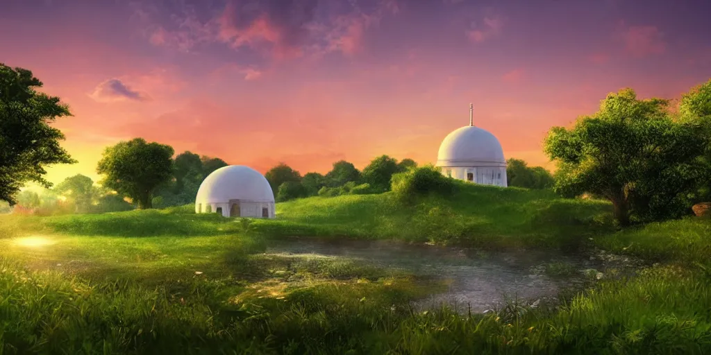 Image similar to round white dome on a hillside, by a river and fields, dreamy, sunset, volumetric lighting, Studio Ghibli