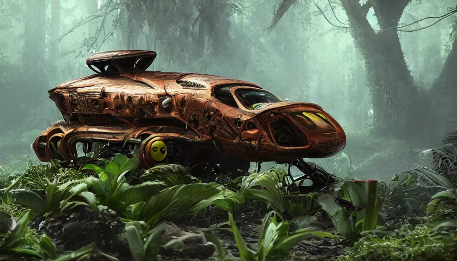 Prompt: A fancy alien car abandoned on a magical biome of full of oddities, slimy plants and trees, goofy, sparky, positive vibes, behance, artstation, unreal render, unreal engine 5, octane, smooth, 8k