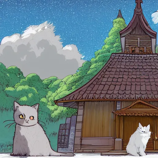 Prompt: illustration of a fluffy grey cat pointing it's paw at a priest in front of a white stave church by studio ghibli fantastic realism ultra - wide angle lens, early morning