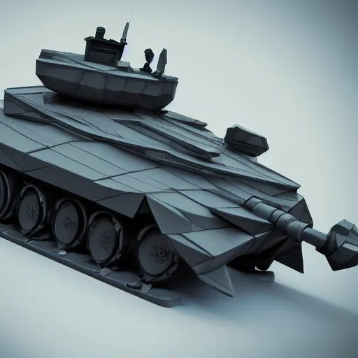 Image similar to Futuristic low-poly battle tank, epic cinematic shot, black plastic, lights, hd 4k by Dawid Michalczyk