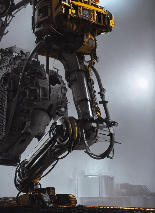 Image similar to a photorealistic dramatic hyperrealistic render of a futuristic exosuit power excavator heavy machinery, ultra realistic details, glossy yellow, well worn, rust, oil stains by vitaly bulgarov and mike nash, beautiful dramatic dark moody tones and lighting, cinematic atmosphere, studio lighting, global illumination, shadows, dark background, octane render, 8 k