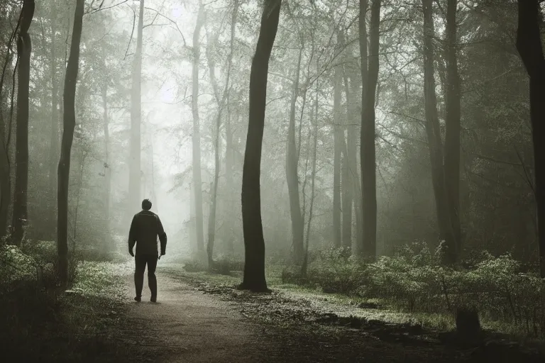 Prompt: a walking man in a forrest, Moody light, beautiful trees, insanely detailed