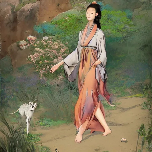 Image similar to beautiful oriental girl walks around Socotra among endemic plants, flowers and snags in a long transparent flowing dress and meets mystical animals, mystical insects, mystical birds, lizards, snakes, gorgeous, Atmosphere, hypnotic dimensions, mythology, Rococo, photorealism, in the style of Jin Kagetsu, James Jean and wlop, Valentin Serov style, Hieronymus Bosch style, Zdzislaw Beksinski style, hyperrealistic, sharp focus, intricate concept art, digital painting, ambient lighting, 4k, hdt, artstation trending on Gsociety, trending on ArtstationHQ, trending on deviantart, professionally post-processed, wide-angle action dynamic portraithyperdetailed, hyper quality, 16K