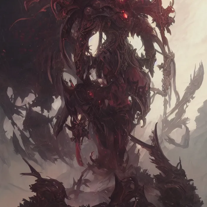 Image similar to portrait of a demon lord in abyssal armor, painted, 4k artwork, trending on artstation, octane render, art by artgerm and greg rutkowski and alphonse mucha and craig mullins and James Jean and Andrei Riabovitchev and Marc Simonetti and peter mohrbacher