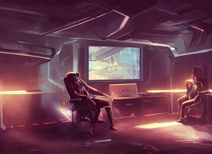 Image similar to a man sitting on a chair with things attached to his head, screens and monitors in front of him playing videos, ship interior, narrow hallway, scifi, dramatic lighting, concept art, surreal