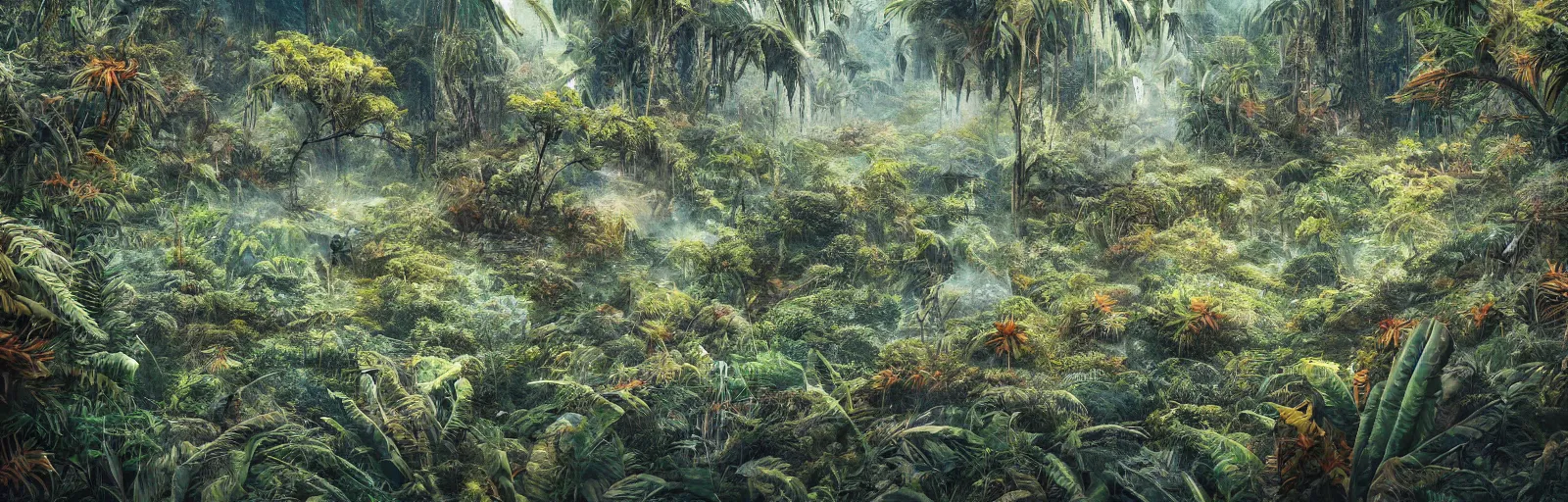 Prompt: painting of a jungle frozen over!!! dry leaves scene on an alien planet by vincent bons. ultra sharp high quality digital render. detailed. beautiful landscape. weird vegetation. water.