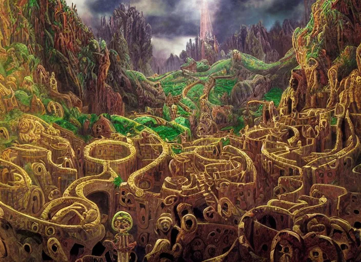 Image similar to jim henson's labyrinth an impossible maze filled with twisted turns a goblin city and a castle looming in the background by frank cowper, john singer sargent and delacroix style, artistic, intricate painting, cinematic lighting, hyper realistic, extremely detailed, vivid colors, establishing shot, dramatic lighting