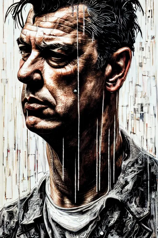 Image similar to till lindemann, detailed acrylic, grunge, intricate complexity, by dan mumford and by alberto giacometti, peter lindbergh