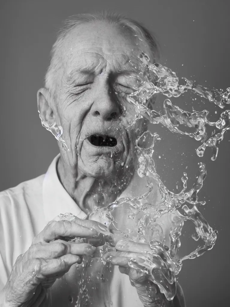 Prompt: Analog photographic portrait with 50 mm lens and f/1.2 of a 90 years old man with his eyes closed and a white viscous fluid floating in the air from his mouth. With a slight variation in the liquid.