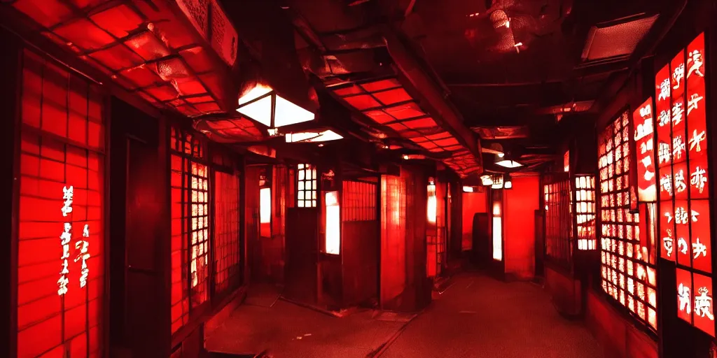 Image similar to spooky photo of a dark infinite hallway of a japanese izakaya with open lit doorways all the way down, dramatic lighting, smoke, ceiling fluorescent lighting, black and red colour palette