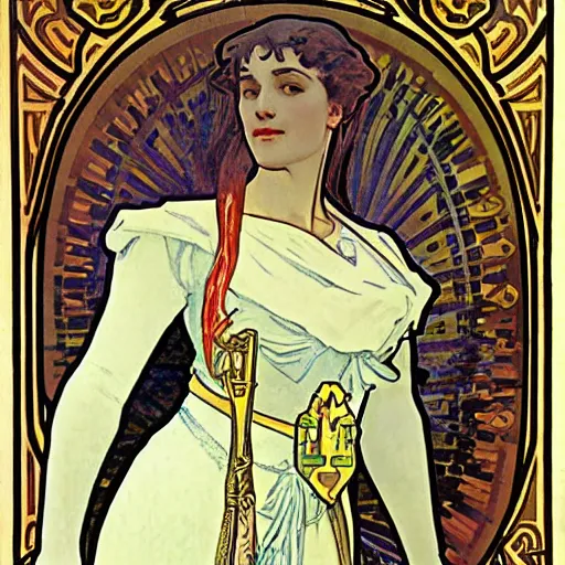 Prompt: knight, painted by alphonse mucha