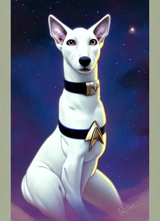 Image similar to cute star trek officer white greyhound, natural lighting, path traced, highly detailed, high quality, digital painting, by don bluth and ross tran and studio ghibli and alphonse mucha, artgerm