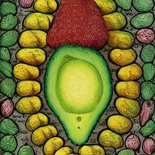 Image similar to a page from codex seraphinianus about a diagram of merging of emma watson with avocado