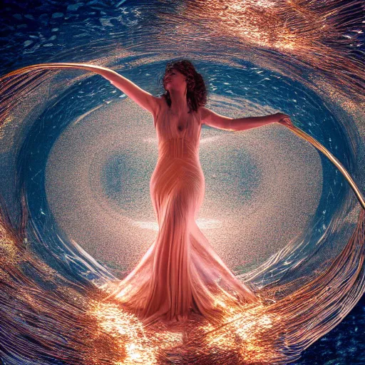 Image similar to woman dancing underwater wearing a long flowing dress made of many layers of gold and silver wire, coral sea bottom, swirling schools of silver fish, swirling smoke shapes, octane render, caustics lighting from above, cinematic, hyperdetailed