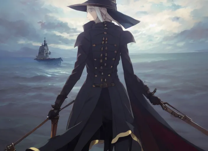 Image similar to lady maria, helm of second world war warship in background, illustration concept art anime key visual trending pixiv fanbox by wlop and greg rutkowski and makoto shinkai and studio ghibli and kyoto animation, astral witch clothes, steampunk, realistic anatomy, cute face, navy anchor, grimdark, volumetric lighting