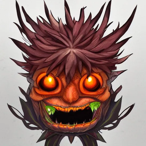 Image similar to A fierce plant monster with orange eyes and a vicious smile, trending on art station