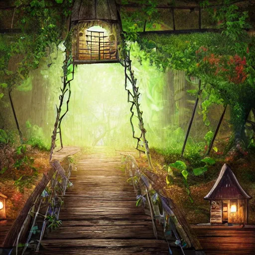 Prompt: professional digital art of a hidden library in a forest with wooden bridges, cozy, fairy lights, nature, plants, vines, bridges, ladders, trickling water, stones, fantasy, high quality, hd, 4 k, 8 k