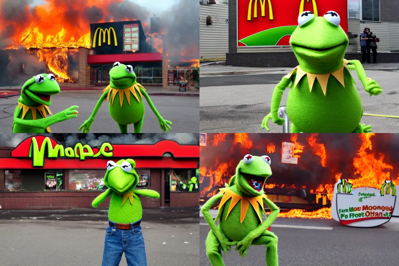 Prompt: Kermit the Frog posing for a photo in front of a McDonalds covered in fire and flames