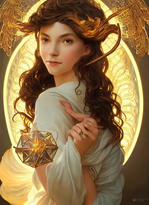 Image similar to close up portrait of beautiful angel holding golden orb of light, d & d, face, fantasy, intricate, elegant, highly detailed, digital painting, artstation, concept art, smooth, sharp focus, illustration, art by artgerm and greg rutkowski and alphonse mucha